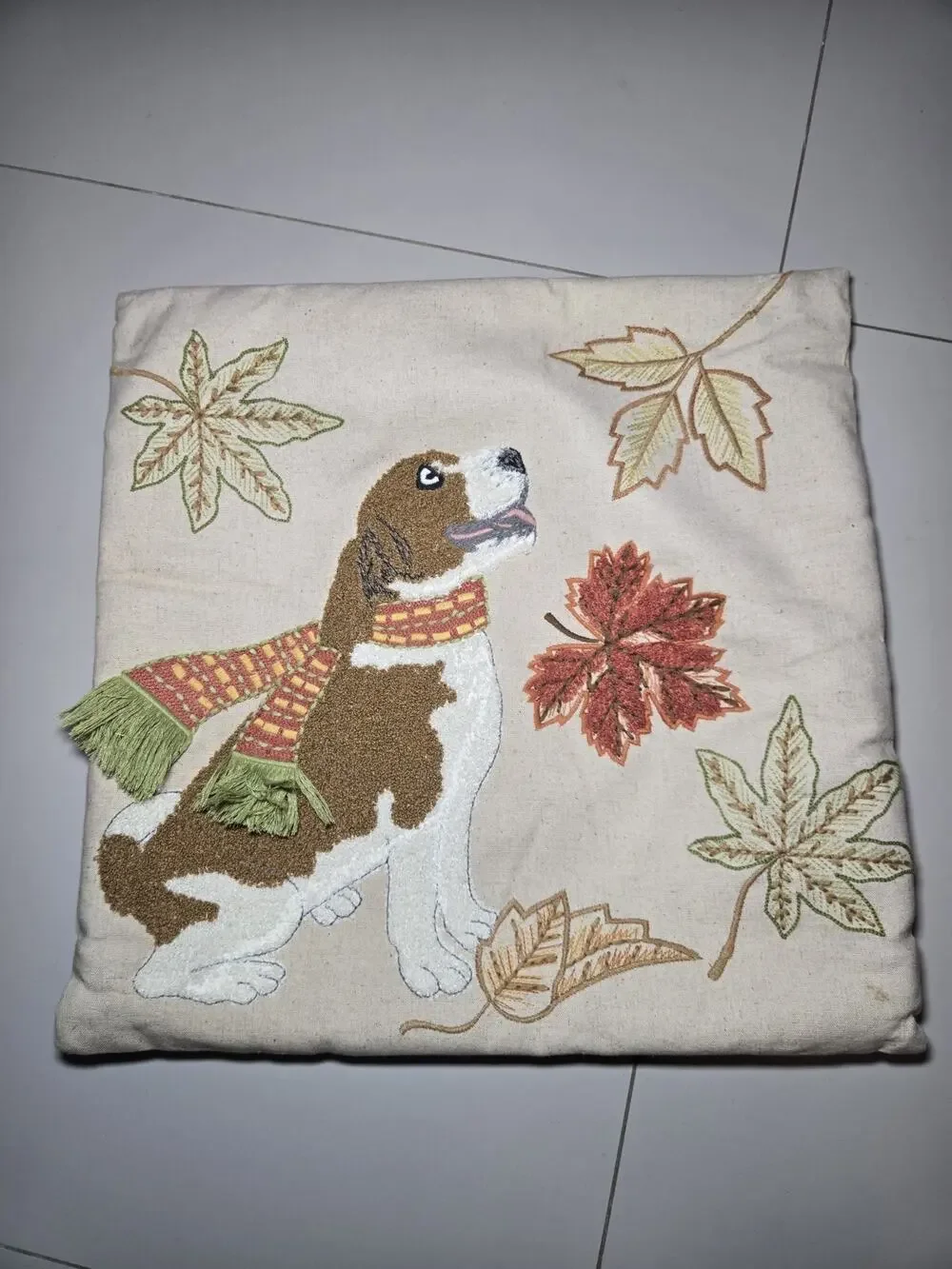 Pier 1 Embroidered Cotton Blend Square Pillow Dog with Scarf Fall Leaves 17x17in